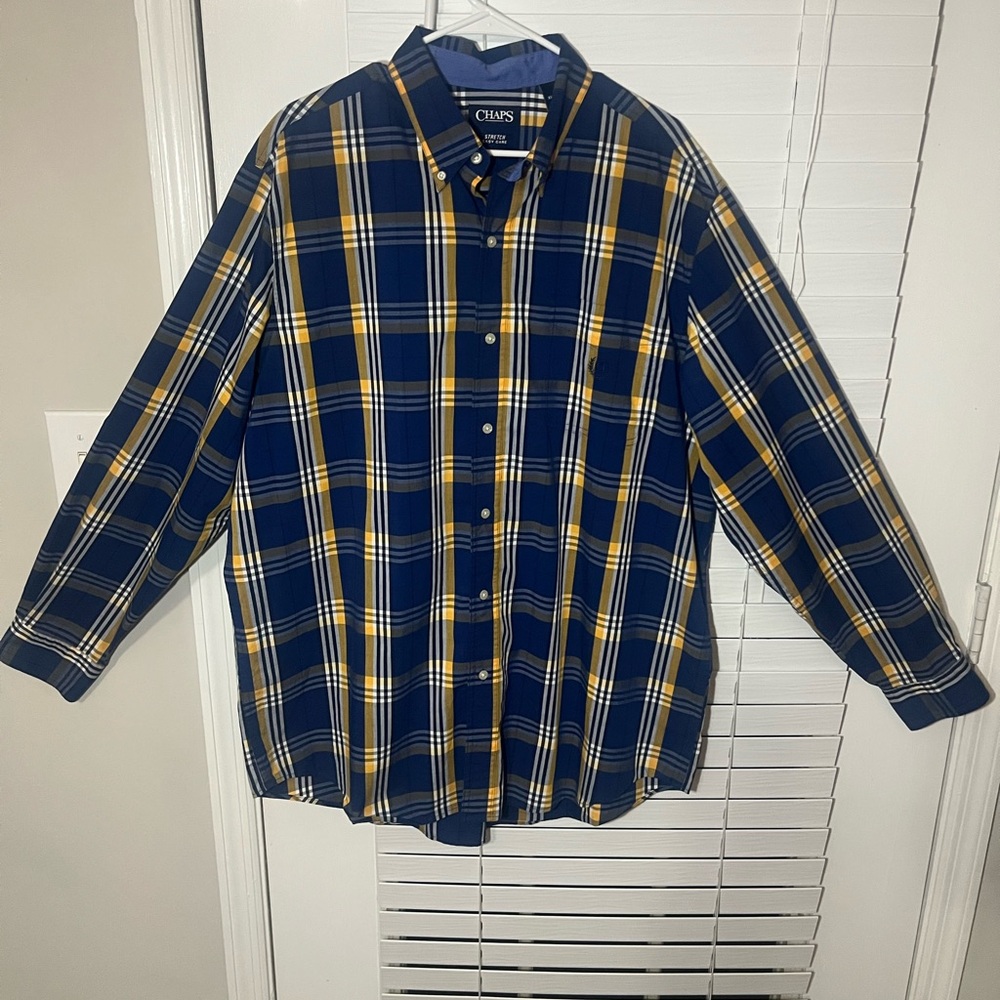 Chaps Men's Navy and Yellow Plaid Button-Down Shirt